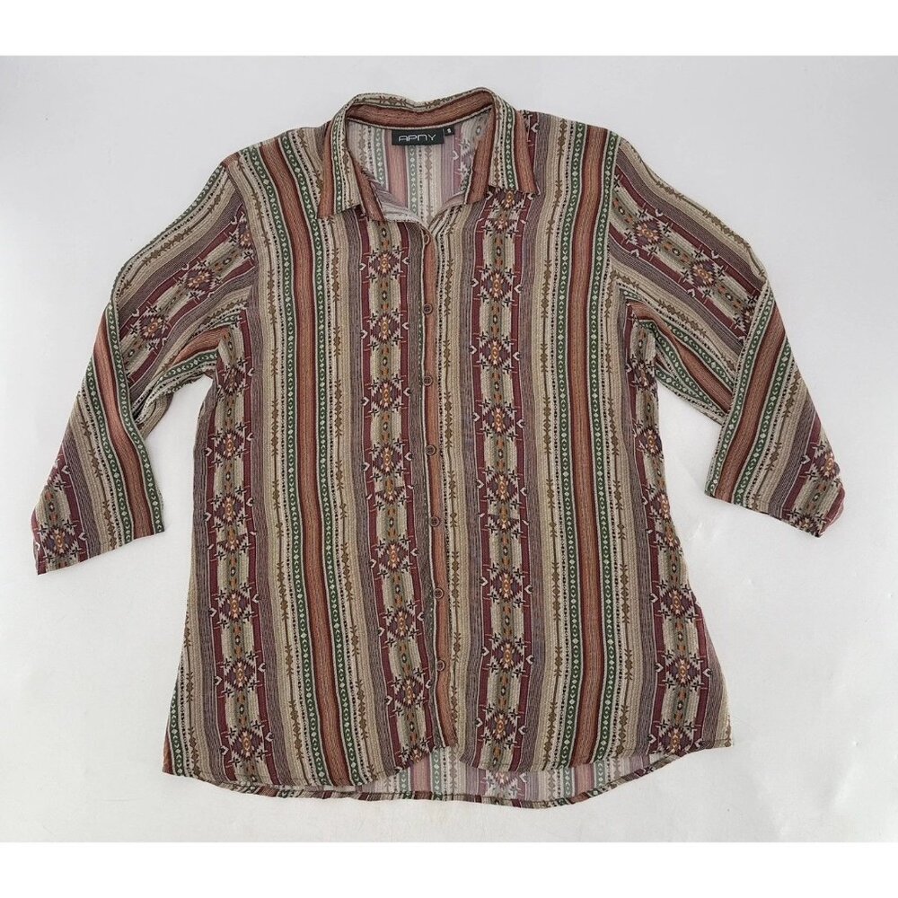 APNY Apparel Collared‎ Aztec Cupro Blend Chiffon Button Up Blouse Sz Sm, Boho